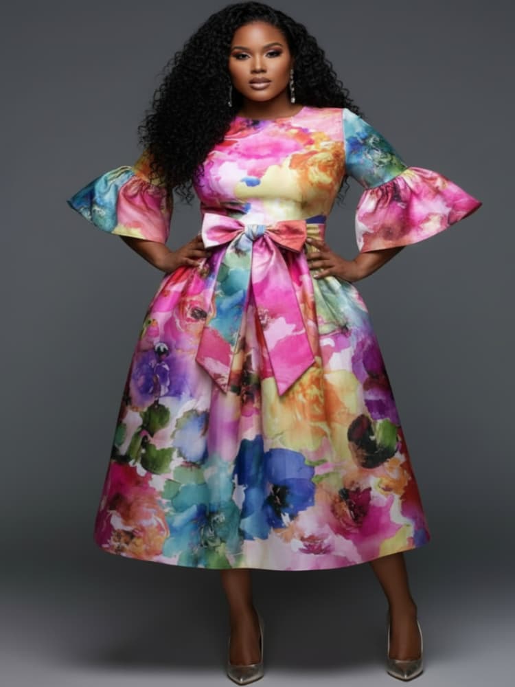 Midi Skirt Floral - Gaun Midi Ukuran Besar dengan Kerah