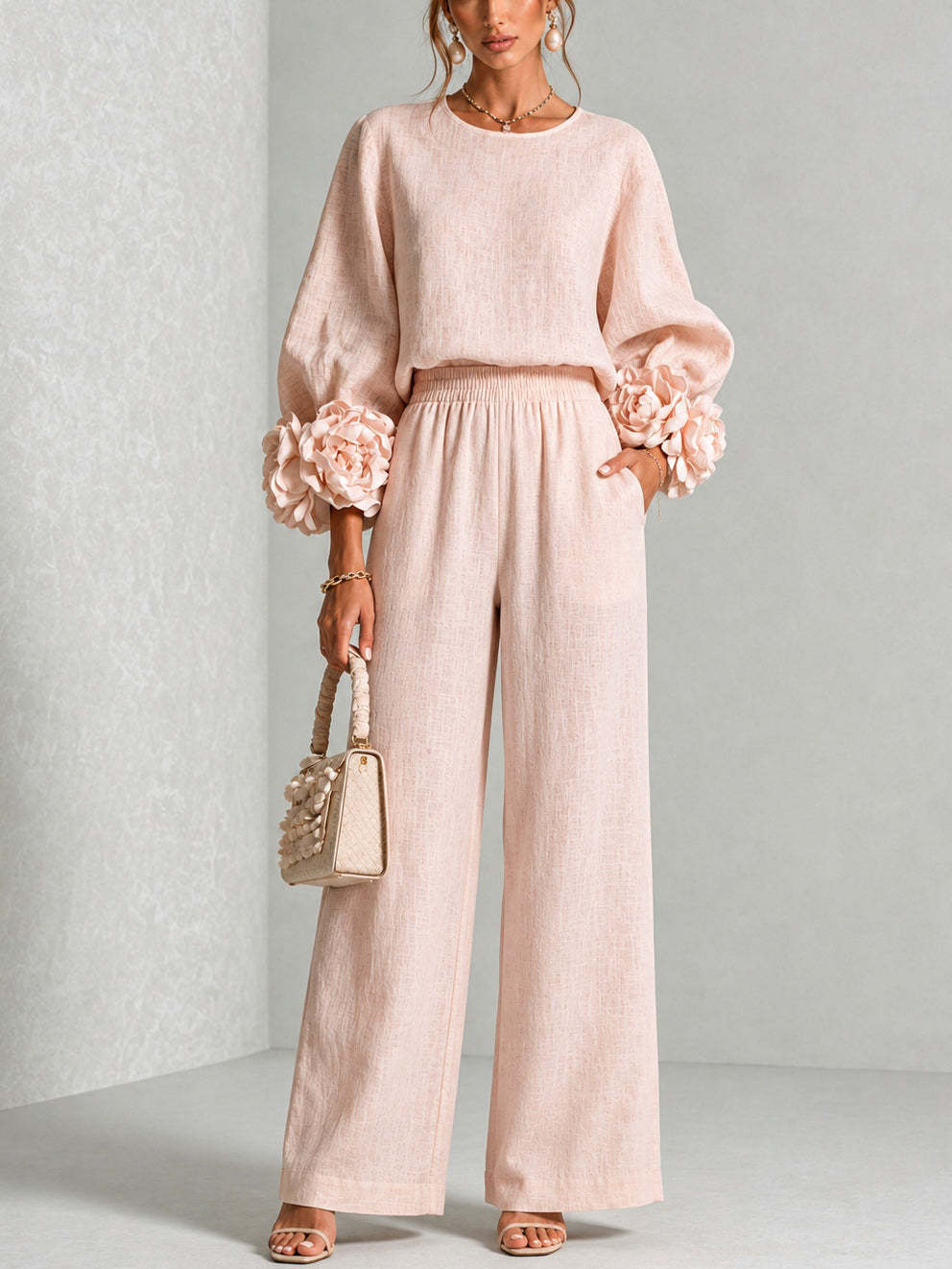 Setelan Wanita 2 Potong Linen, - Linen Pant Wide ulasan dan harga